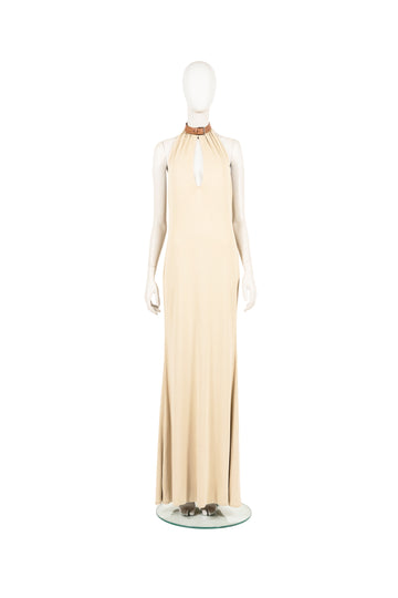 F/W 2001 tan plunging leather choker gown