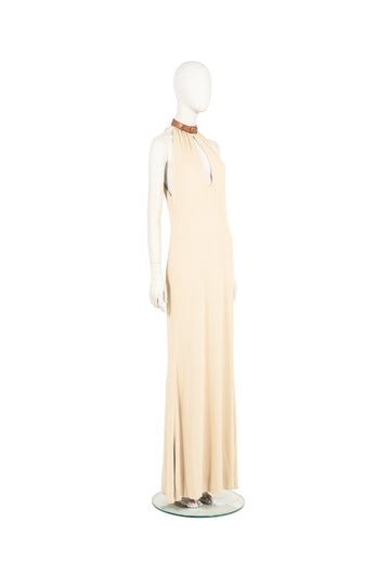 F/W 2001 tan plunging leather choker gown