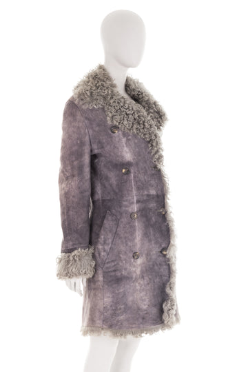 F/W 2001 grey distressed shearling suede coat