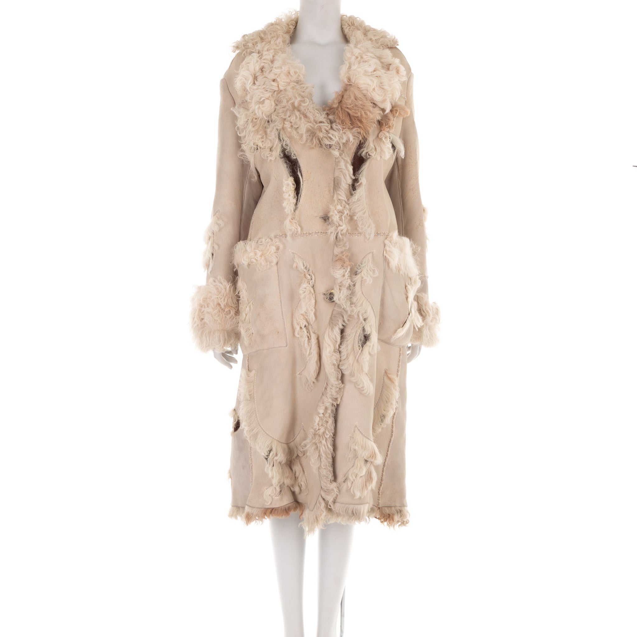 F/W 2002 beige Mongolian fur shearling coat with leather appliqués