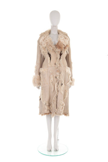 F/W 2002 beige Mongolian fur shearling coat with leather appliqués