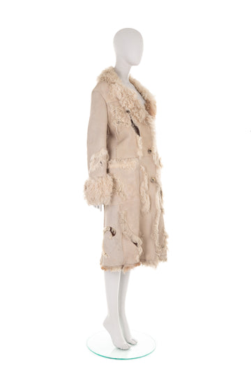 F/W 2002 beige Mongolian fur shearling coat with leather appliqués