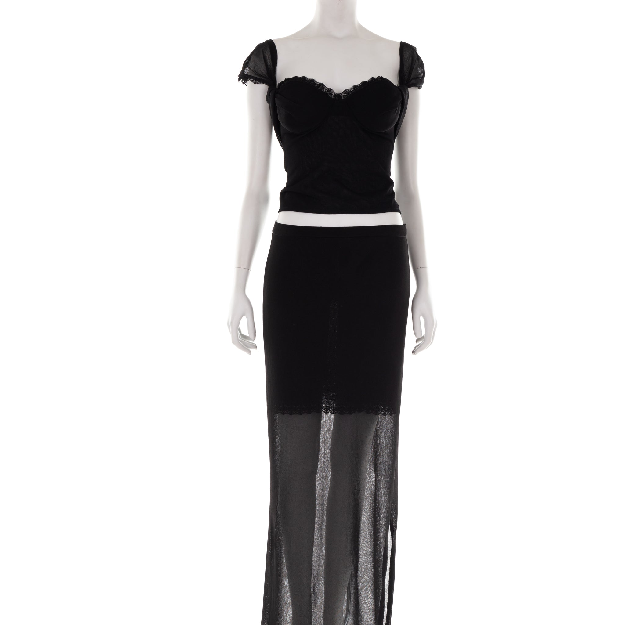 Black viscose heart neckline top and double-layered skirt set with lace trim, late 90s