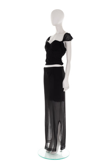 Black viscose heart neckline top and double-layered skirt set with lace trim, late 90s