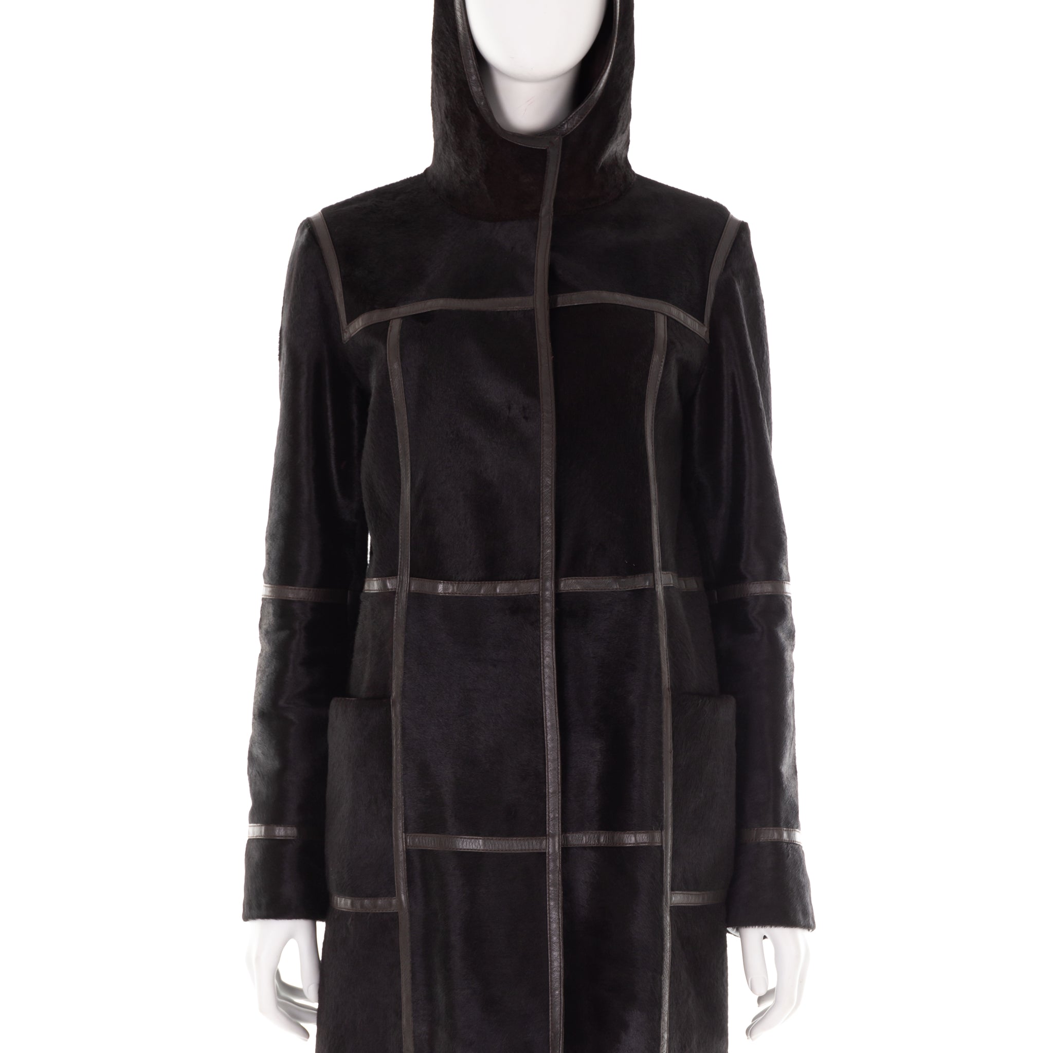 F/W 2005 black calfskin hooded coat with brown leather detailing