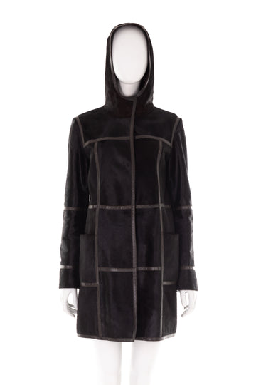 F/W 2005 black calfskin hooded coat with brown leather detailing