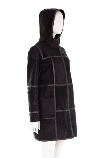 F/W 2005 black calfskin hooded coat with brown leather detailing