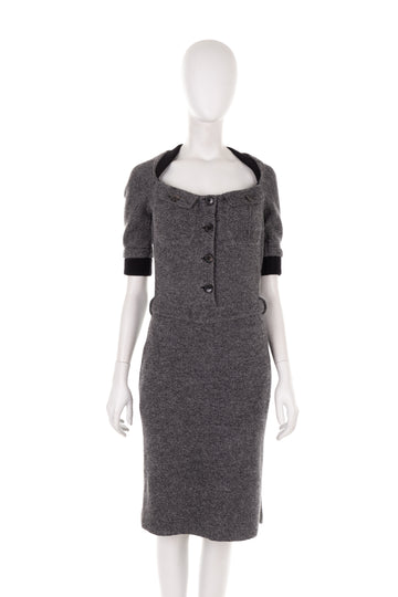 F/W 2010 grey tweed rib knit button-up midi dress