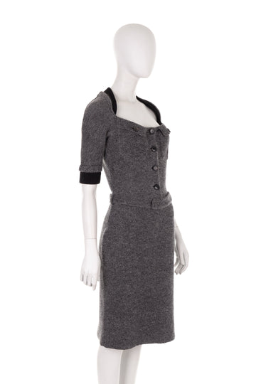 F/W 2010 grey tweed rib knit button-up midi dress