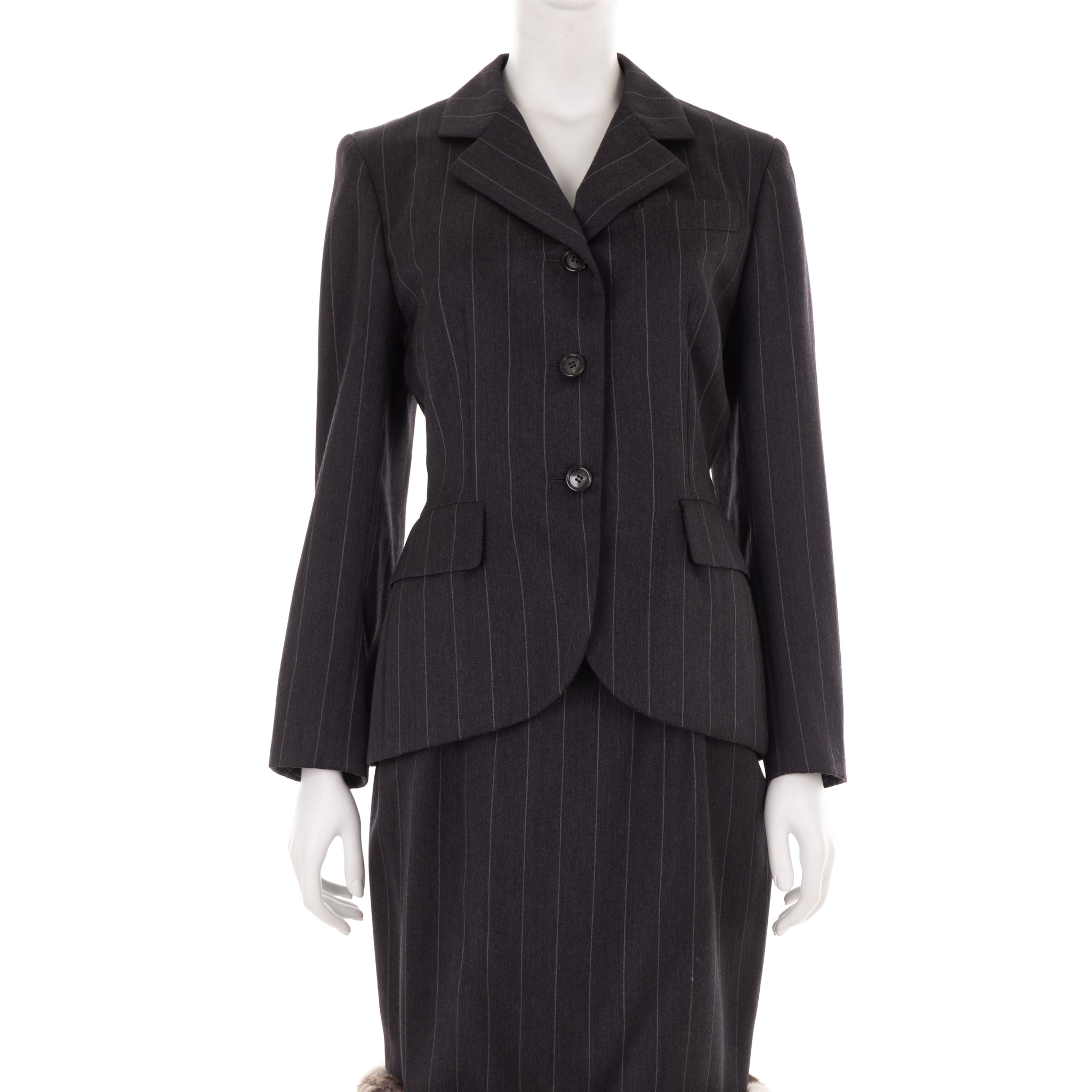 F/W 1987 grey wool pinstripe skirt suit with Chinchilla fur trim