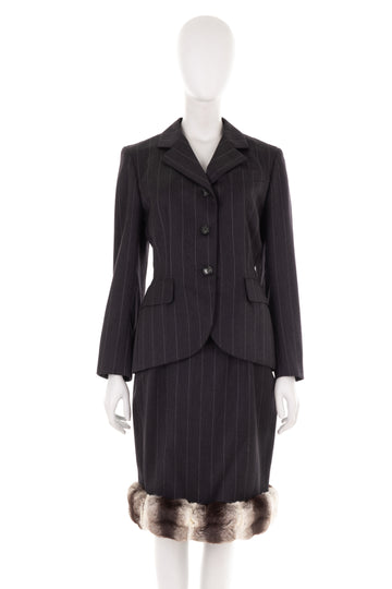 F/W 1987 grey wool pinstripe skirt suit with Chinchilla fur trim