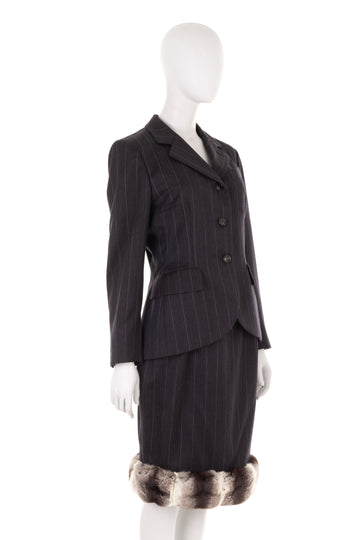 F/W 1987 grey wool pinstripe skirt suit with Chinchilla fur trim