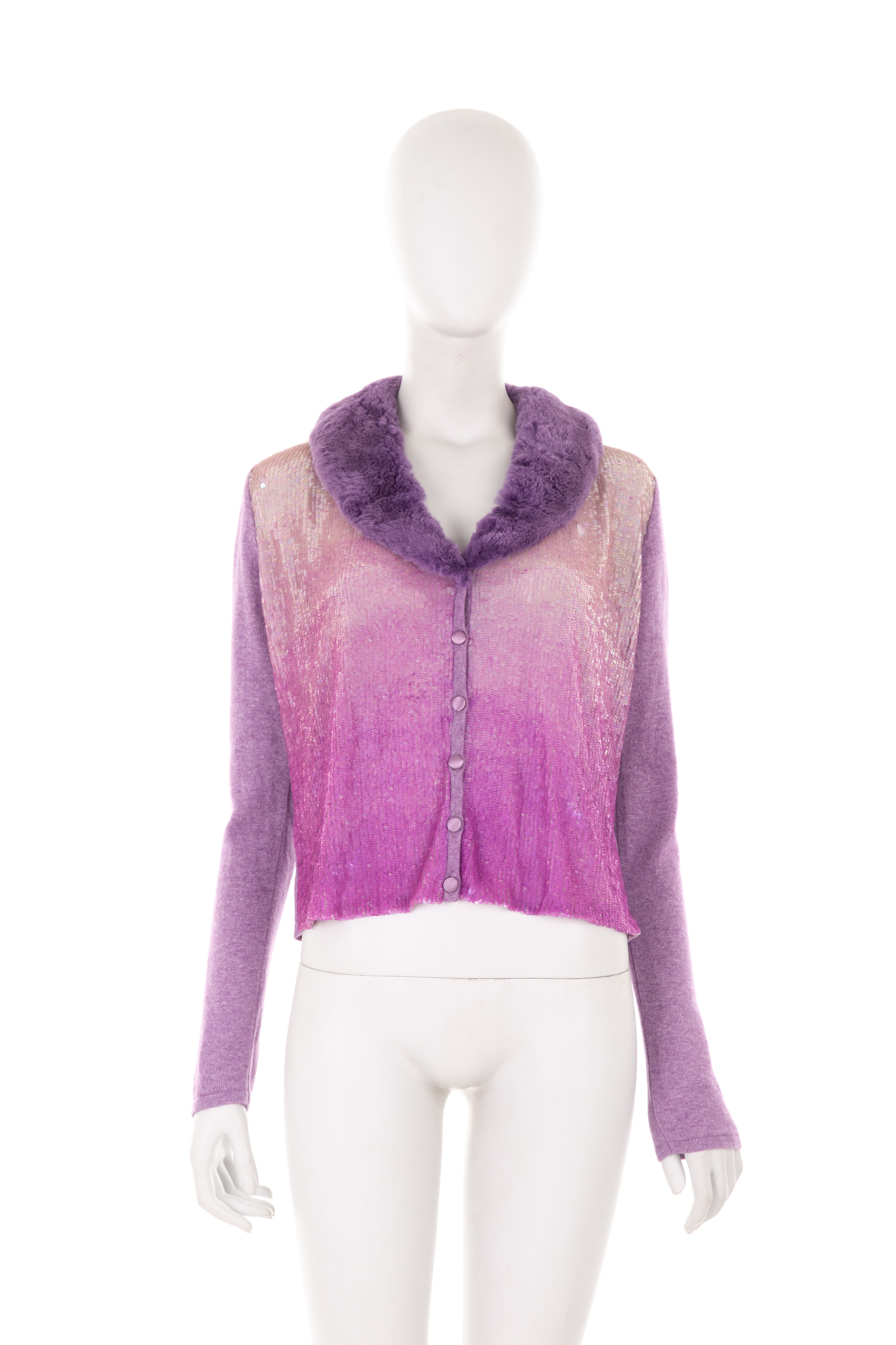 F/W 2000 purple wool cardigan with gradient sequins and rabbit fur collar