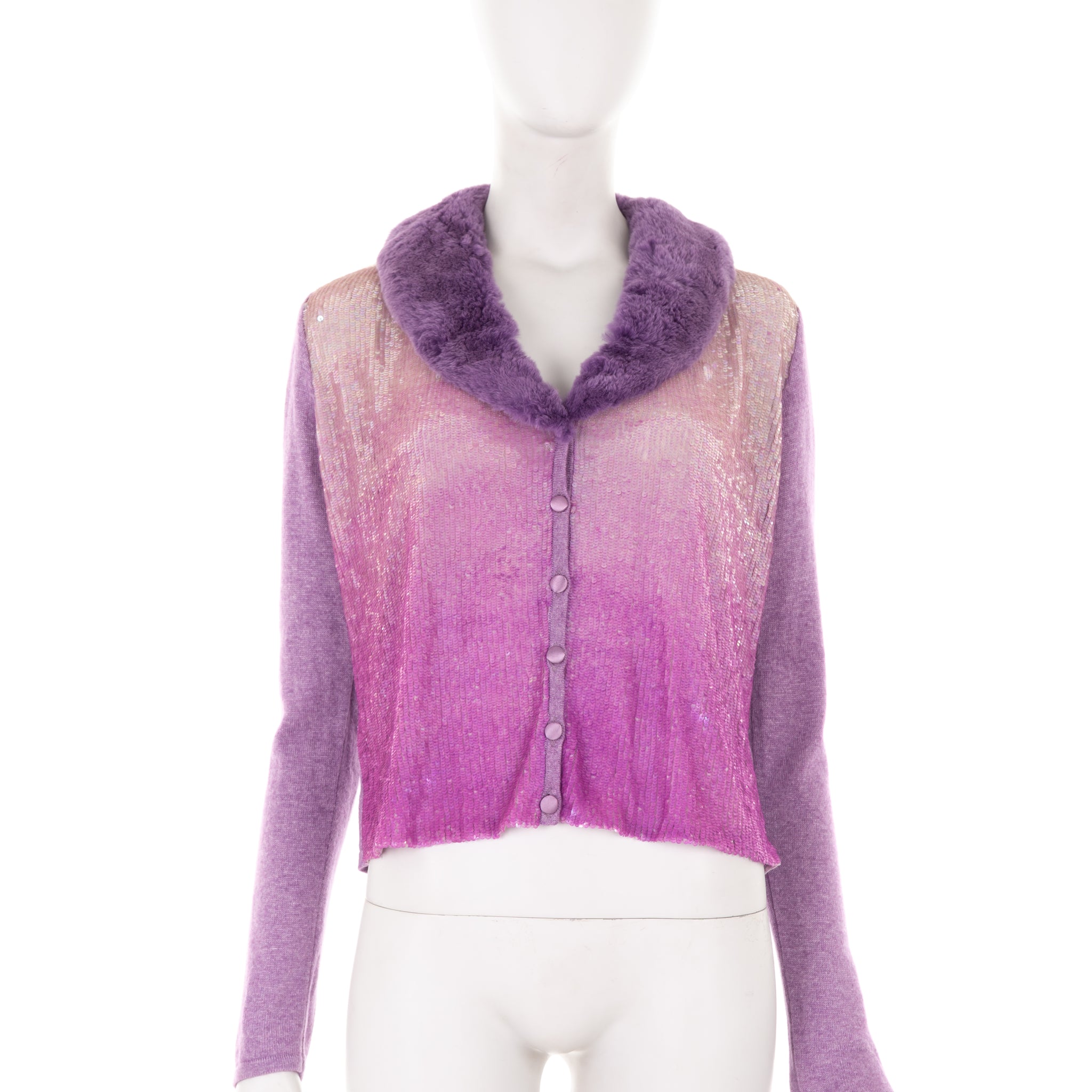 F/W 2000 purple wool cardigan with gradient sequins and rabbit fur collar