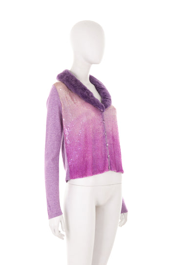 F/W 2000 purple wool cardigan with gradient sequins and rabbit fur collar