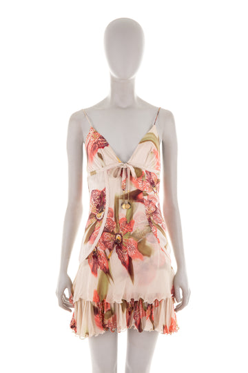 S/S 2004 pink Lily print silk mini dress