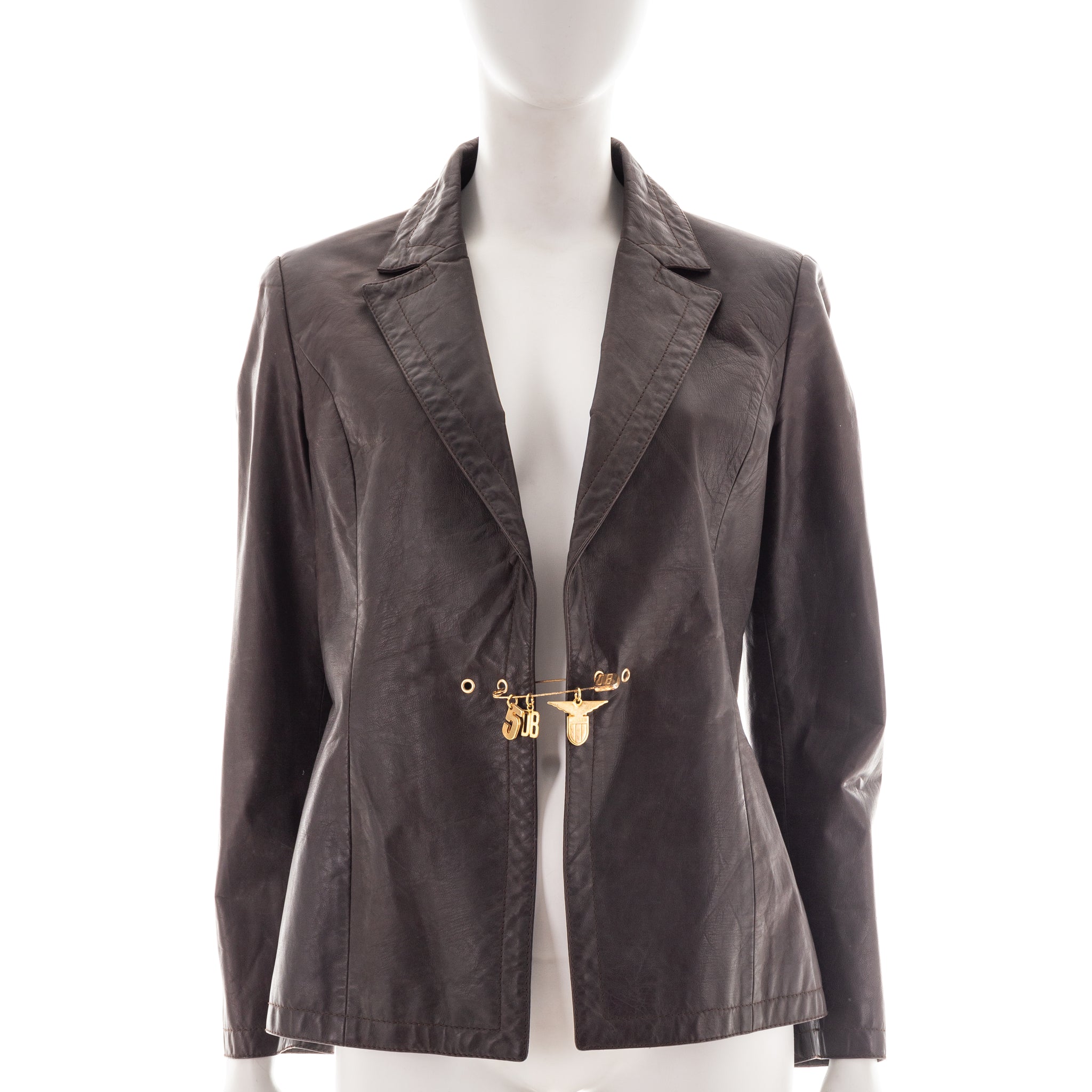 Brown leather blazer with safety pin, mid 2000s