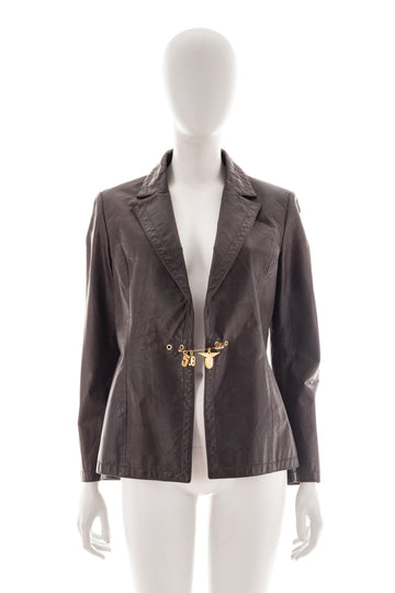 Brown leather blazer with safety pin, mid 2000s