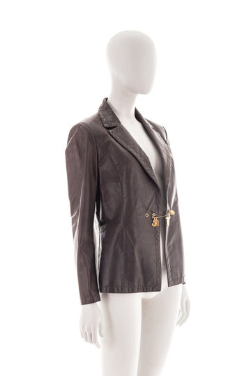 Brown leather blazer with safety pin, mid 2000s