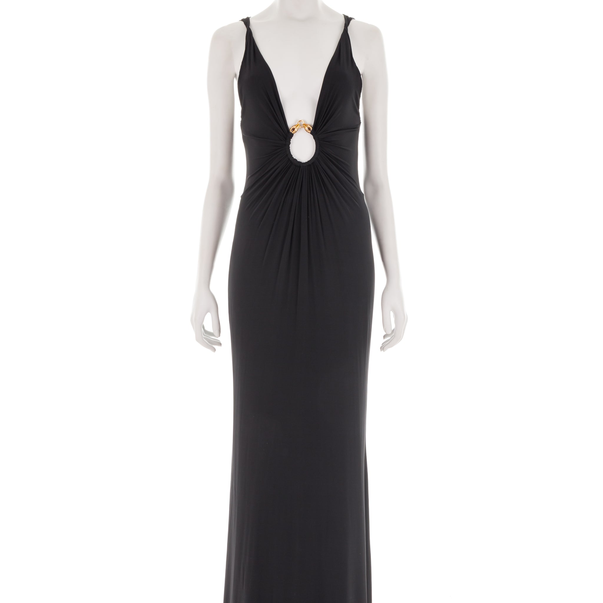 F/W 2005 black plunging dress with gold snake ring