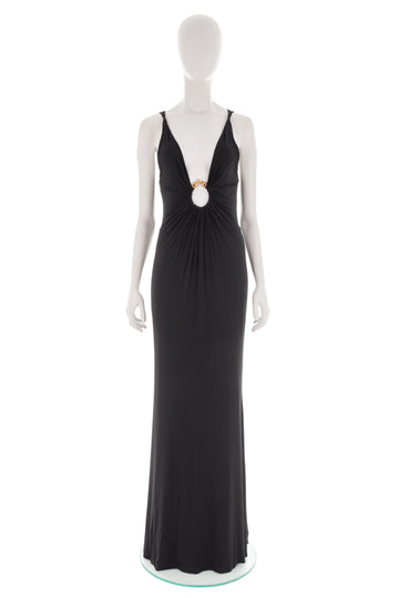 F/W 2005 black plunging dress with gold snake ring