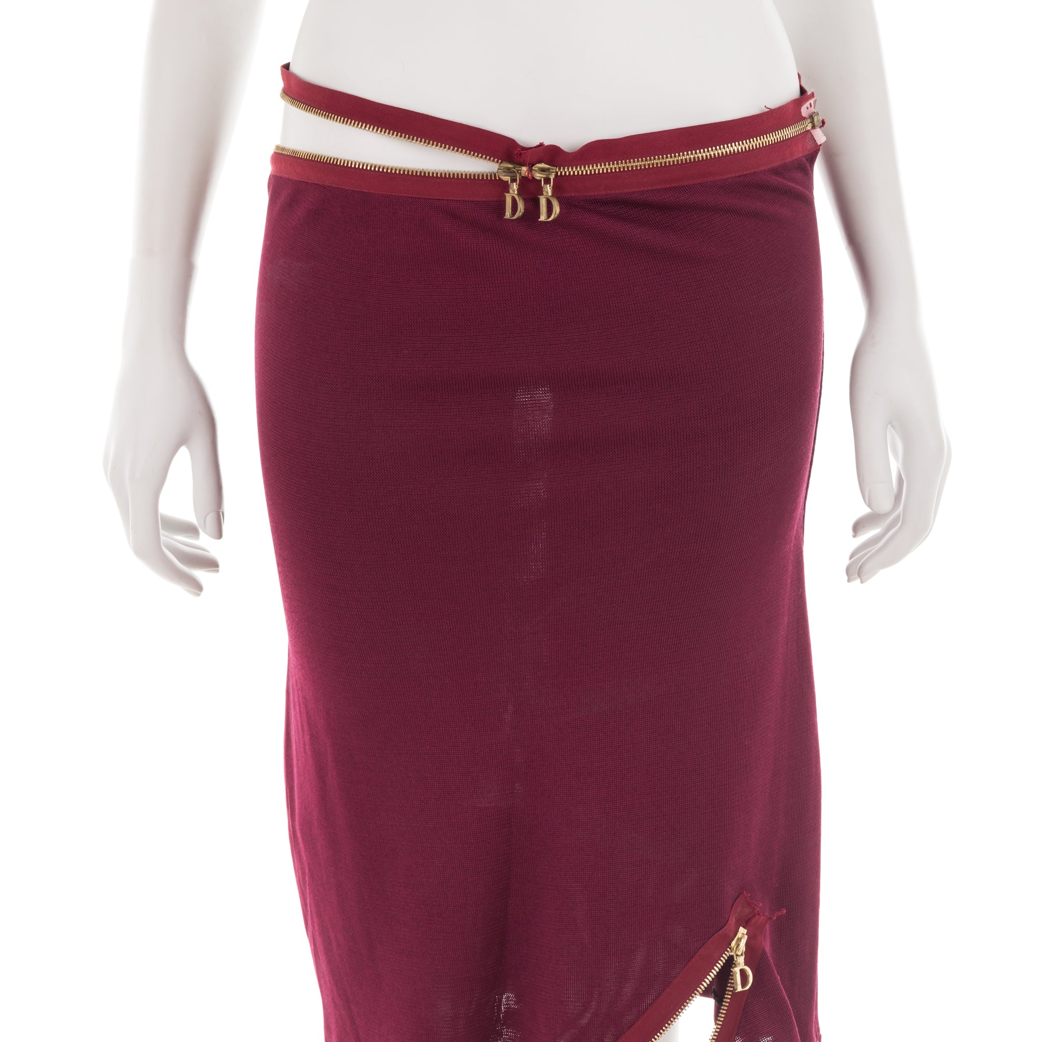 S/S 2001 burgundy midi skirt with asymmetric logo zippers