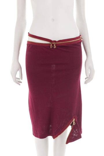 S/S 2001 burgundy midi skirt with asymmetric logo zippers