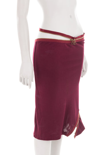 S/S 2001 burgundy midi skirt with asymmetric logo zippers