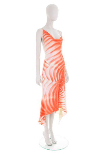 S/S 2001 coral open-back graphic silk dress