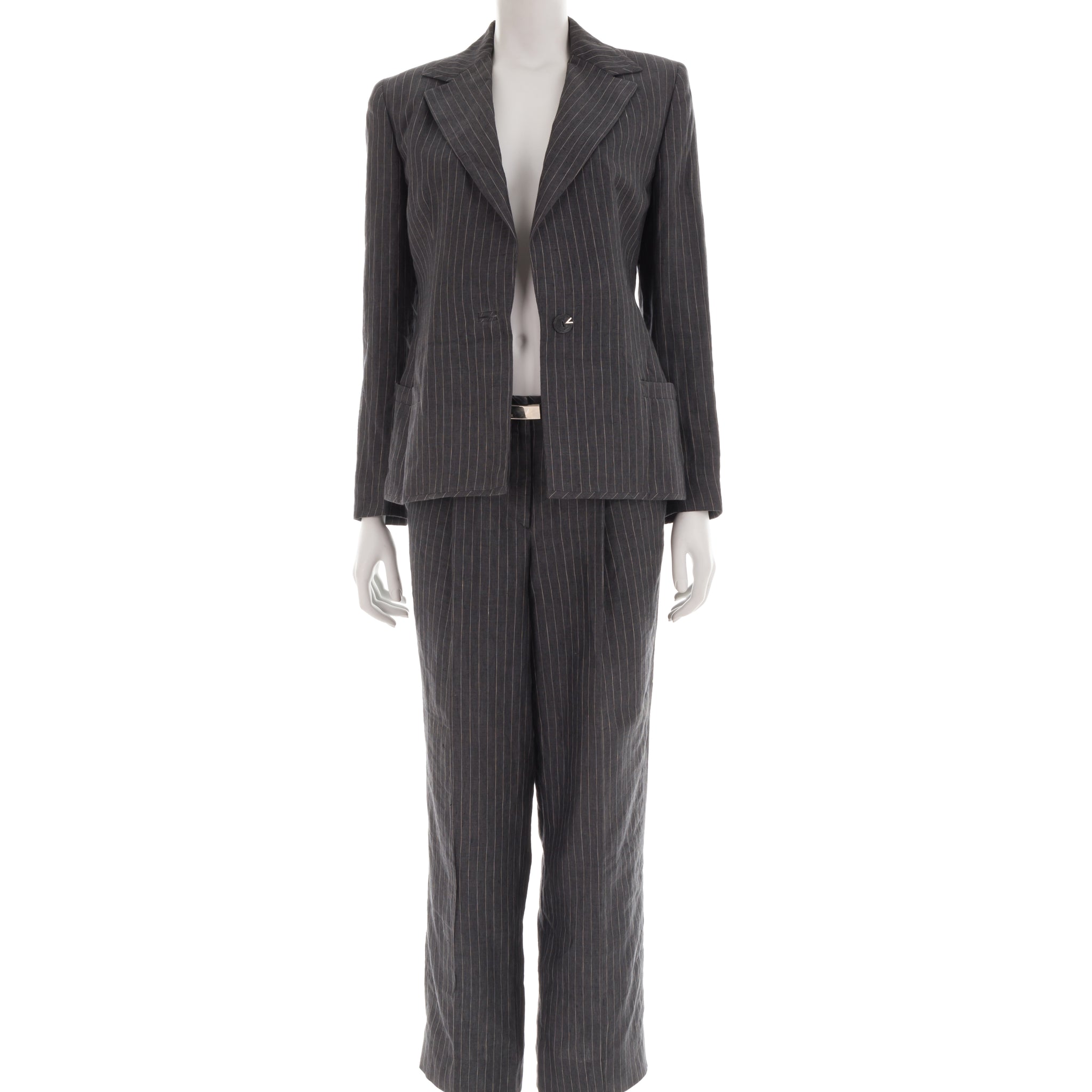 F/W 1998 grey pinstripe linen suit with logo mini belt