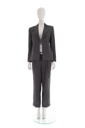 F/W 1998 grey pinstripe linen suit with logo mini belt