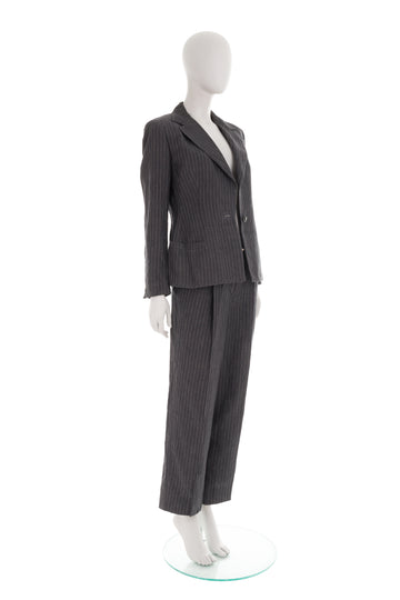 F/W 1998 grey pinstripe linen suit with logo mini belt