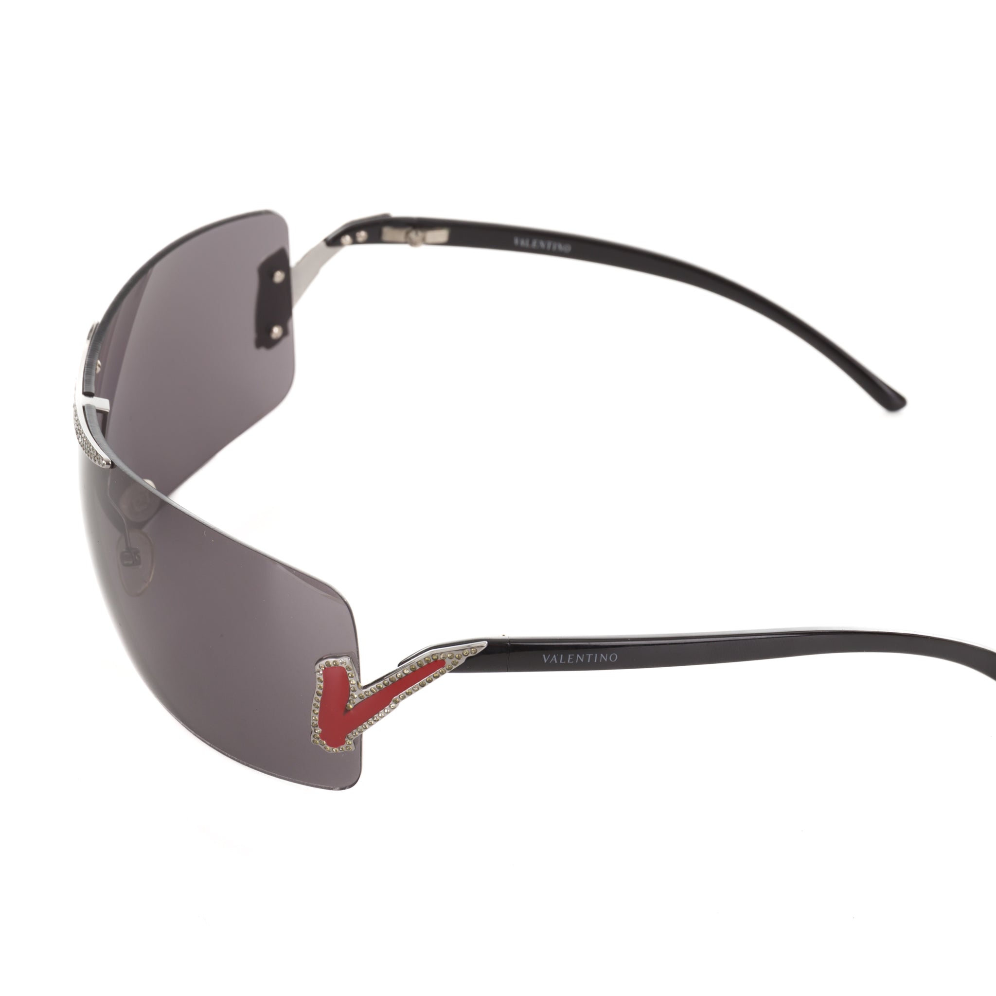 Embellished shield sunglasses with red logo, early 2000s