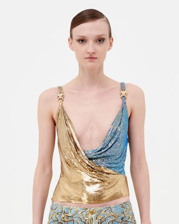 1 of 1 S/S 2005 gold oroton and blue Swarovski chainmail top