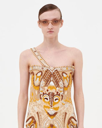 S/S 2005 heavily beaded tribal mask corseted dress