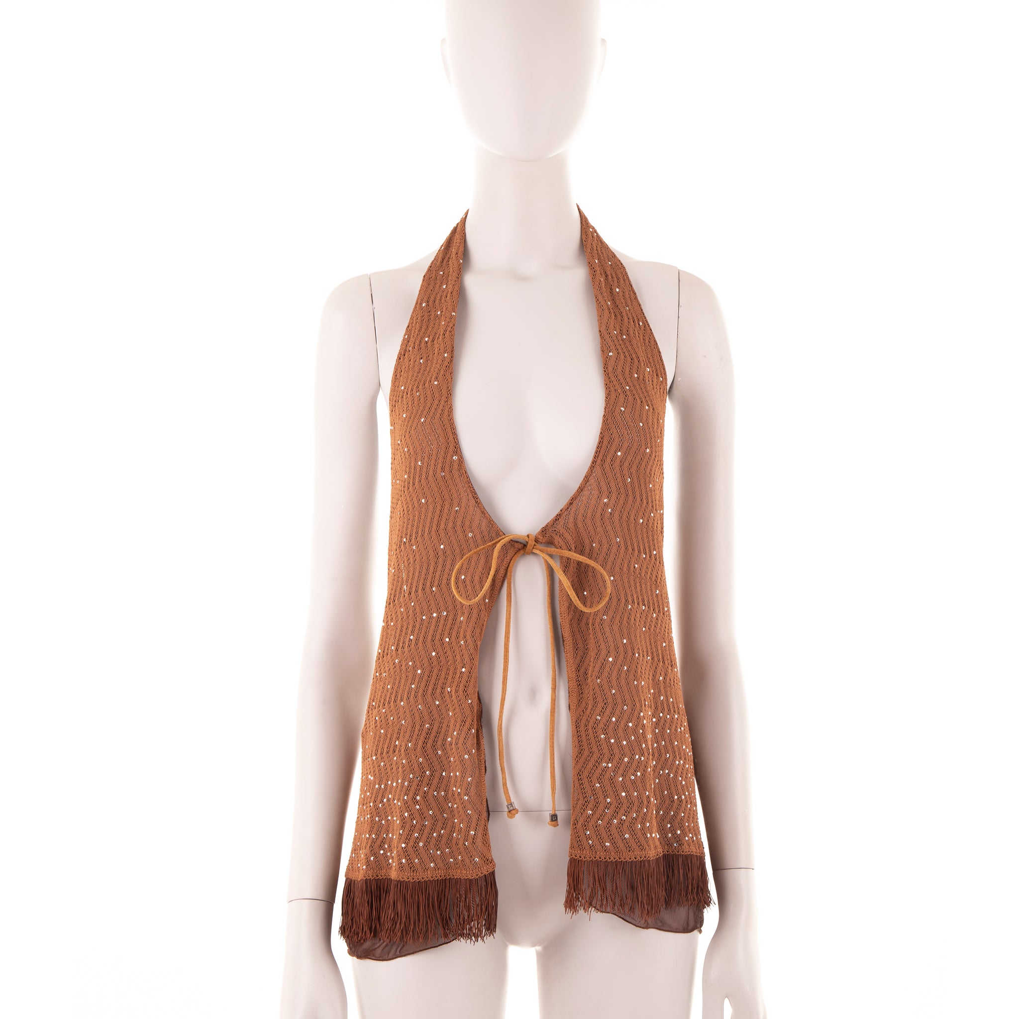F/W 1999 brown embellished backless halter top