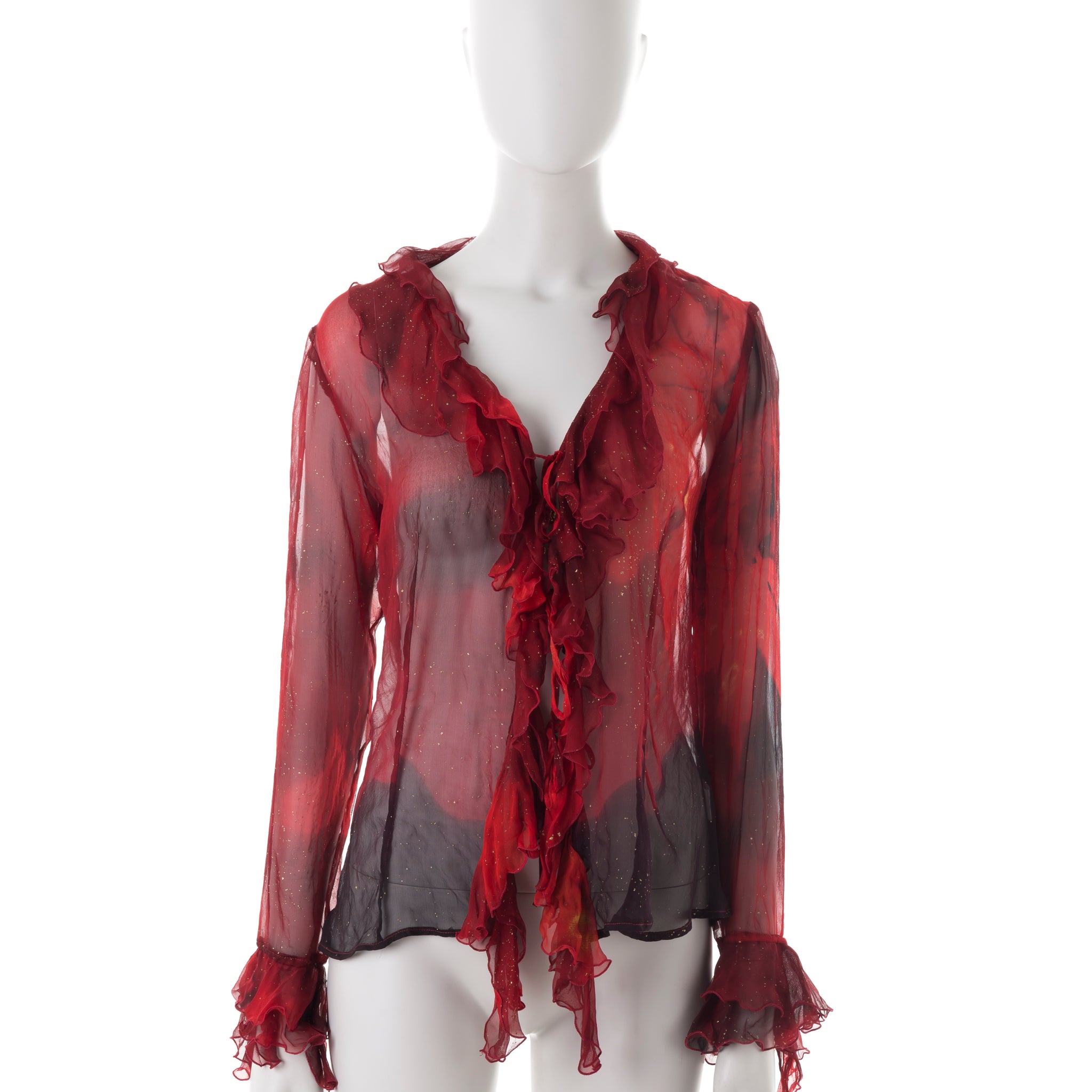 F/W 1999 red leaf printed silk ruffled blouse
