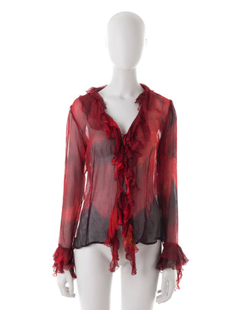 F/W 1999 red leaf printed silk ruffled blouse