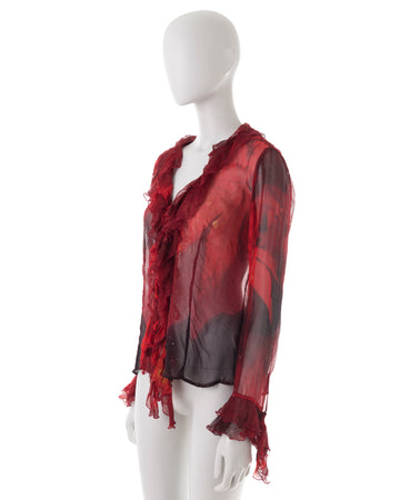 F/W 1999 red leaf printed silk ruffled blouse