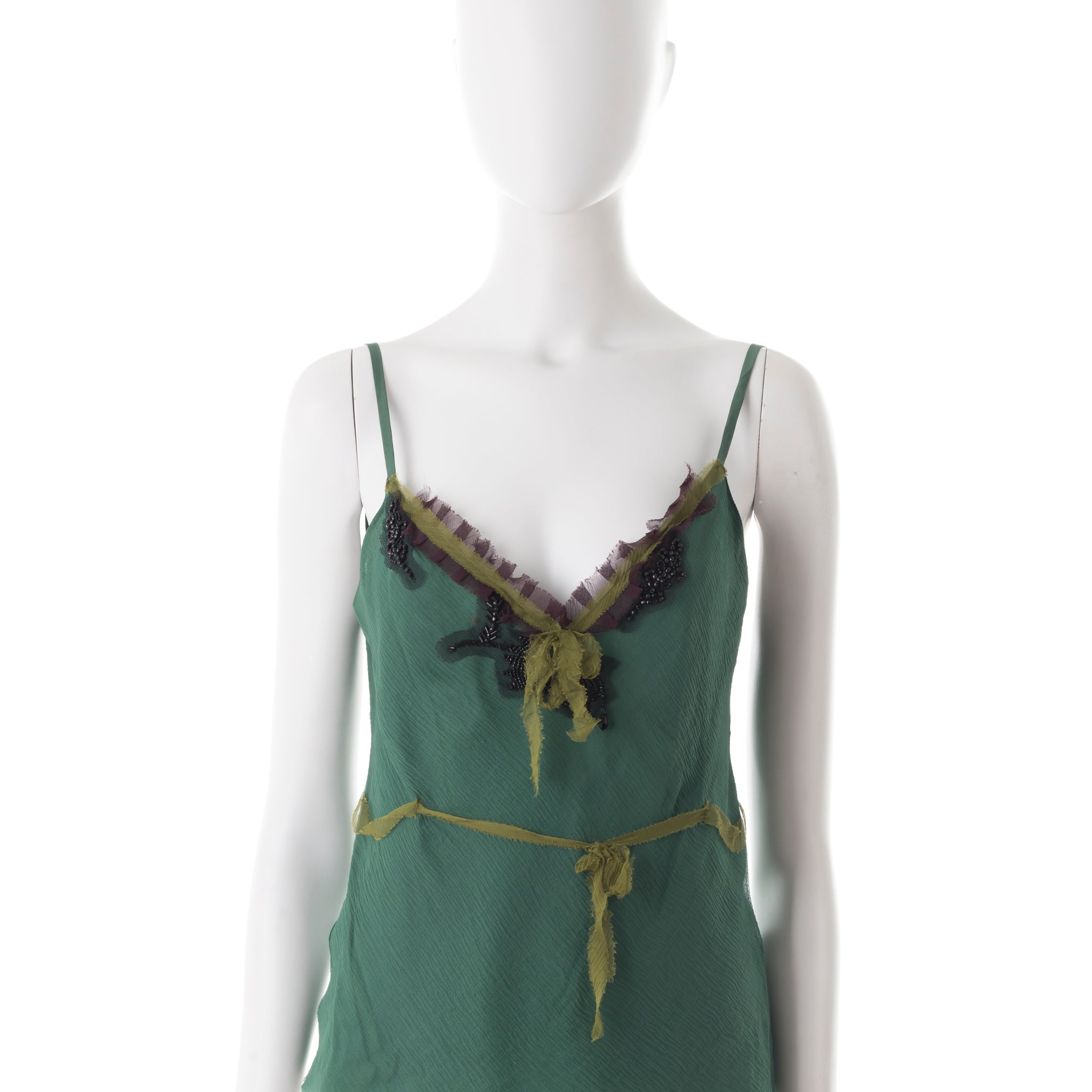 F/W 2000 green silk chiffon with floral beading top