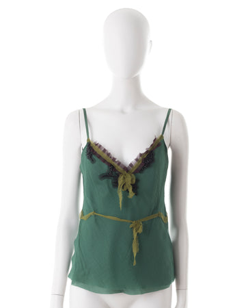 F/W 2000 green silk chiffon with floral beading top