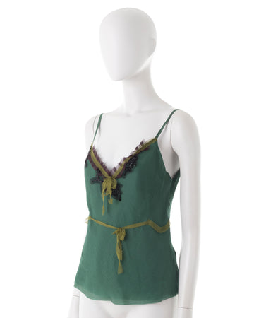 F/W 2000 green silk chiffon with floral beading top