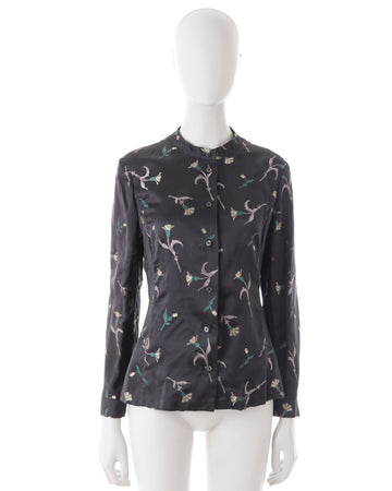 S/S 1997 black floral mandarin collar shirt