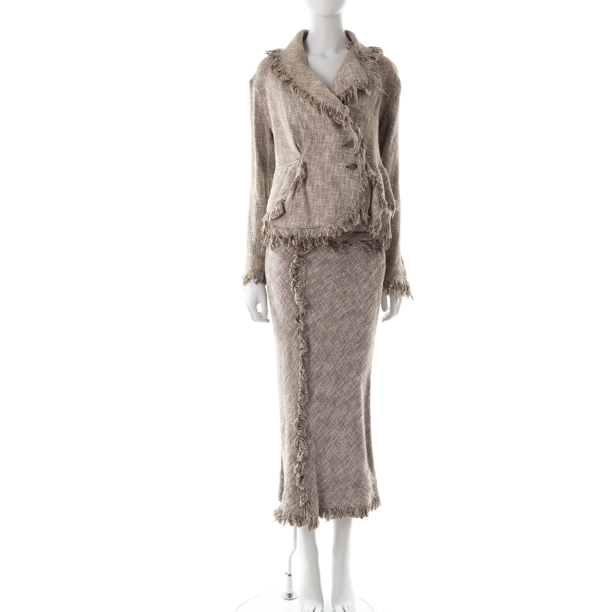 S/S 1997 grey asymmetric frayed wool jacket and skirt suit