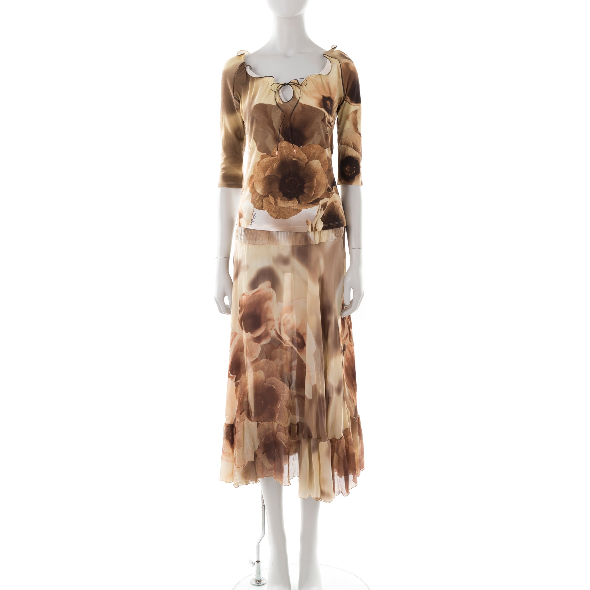 S/S 2002 cream and brown tulip print top and skirt set
