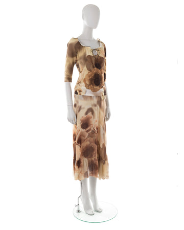 S/S 2002 cream and brown tulip print top and skirt set