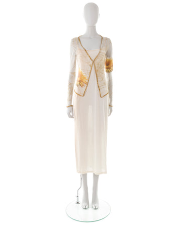 S/S 1999 cream glitter ombré dress with mesh floral beaded cardigan