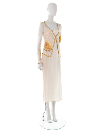 S/S 1999 cream glitter ombré dress with mesh floral beaded cardigan