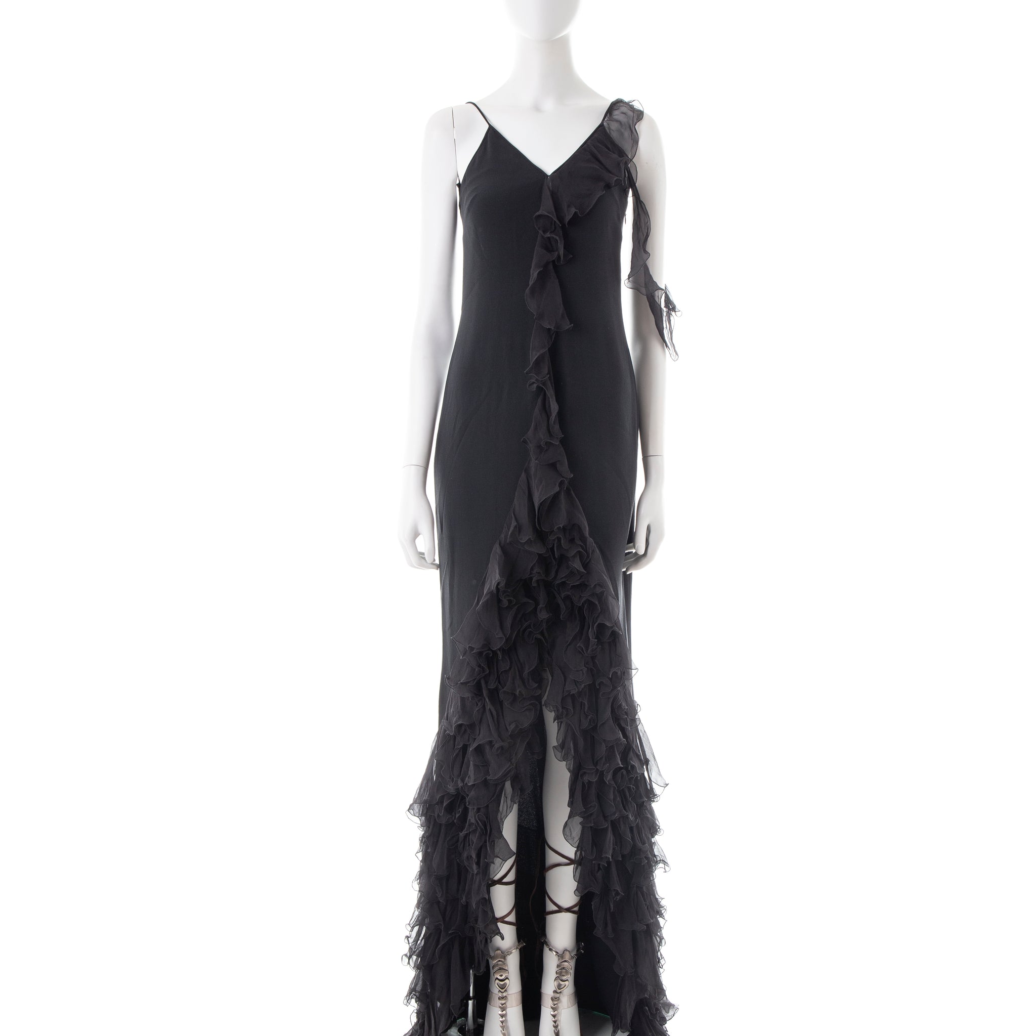 S/S 2003 black silk ruffled evening dress
