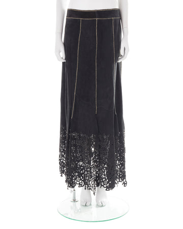 F/W 1999 black suede laser-cut maxi skirt